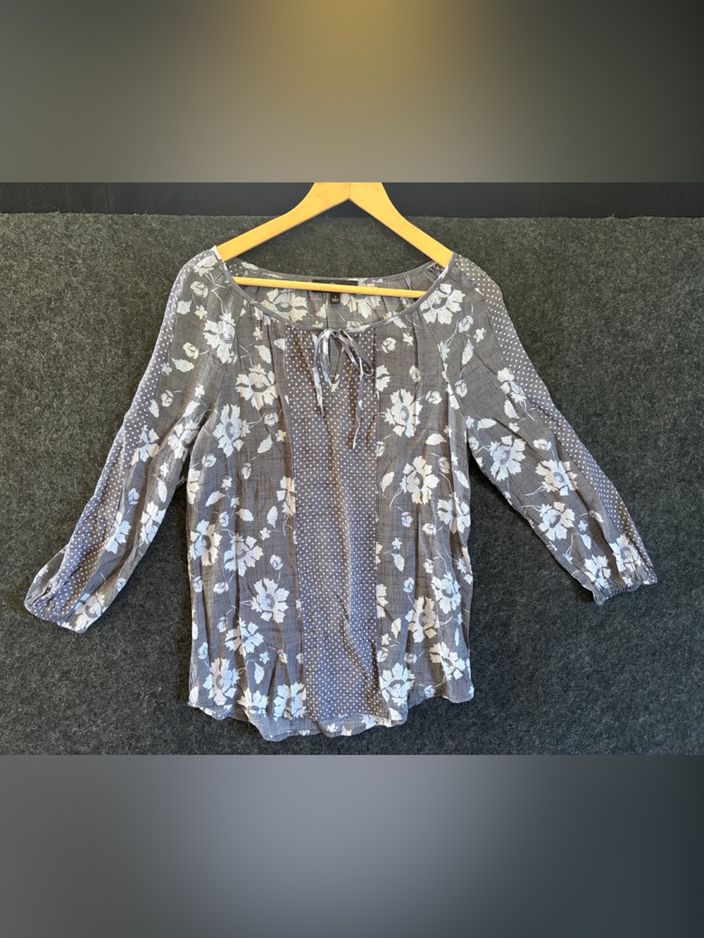 Fred David Blueish/Gray & White Floral Tie-Neck Peasant Blouse
